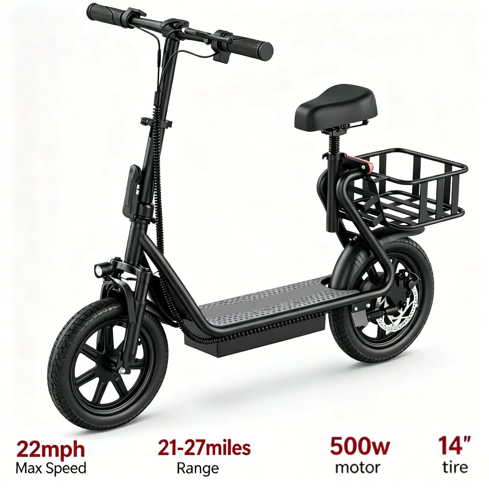 48V 10.4AH/22.5AH Electric Scooter Adults Foldable Escooter Seat & Carry Basket