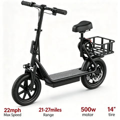 48V 10.4AH/22.5AH Electric Scooter Adults Foldable Escooter Seat & Carry Basket