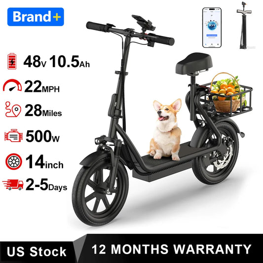 14‘’ Electric Scooter with Seat for Adult, 20MPH Speed Power by 500W Motor, 48V/10.4Ah Battery,28Miles Max Range Wider Deck & Height Carry Basket