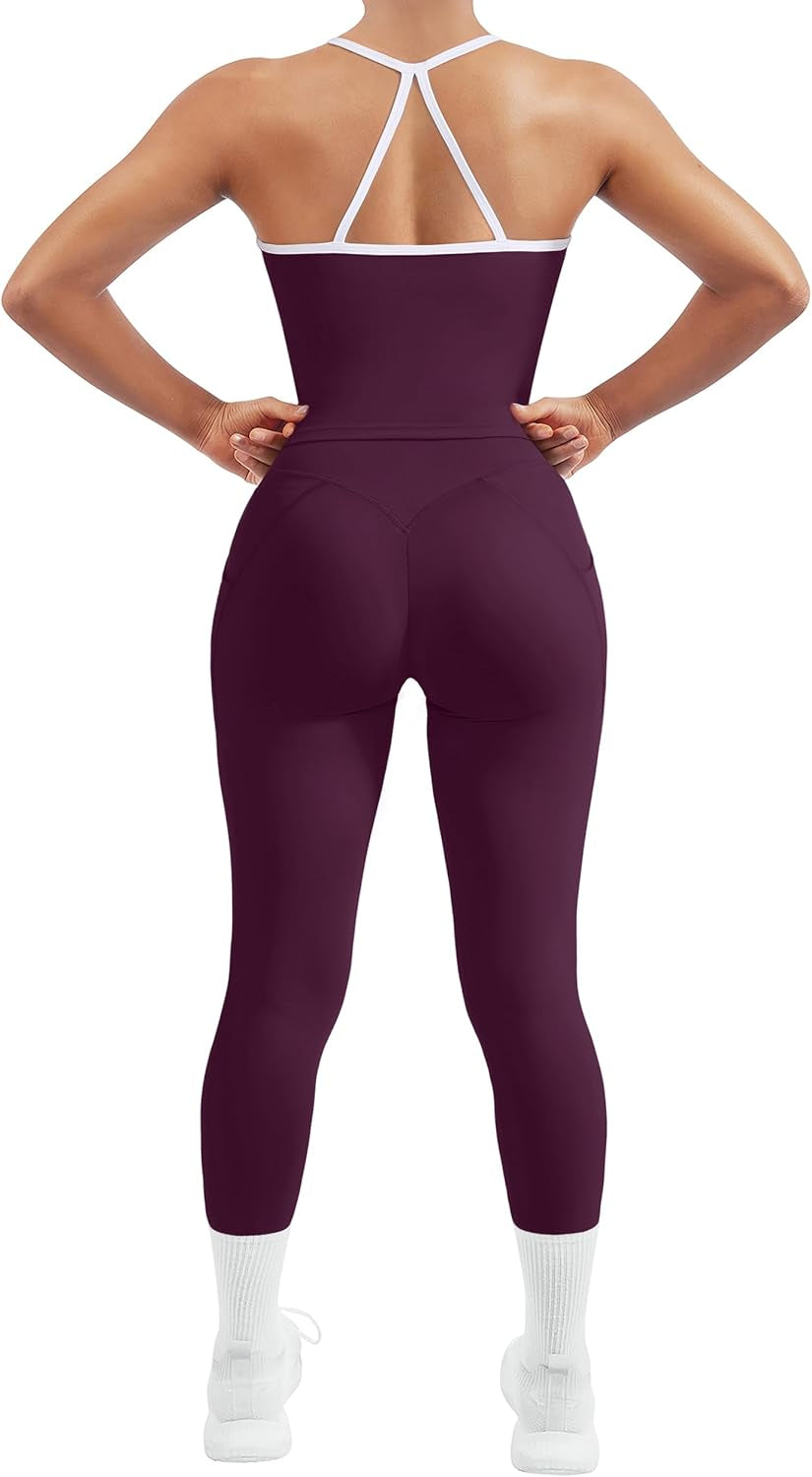 Women 2 Piece Workout Sets Compression Tummy Control Leggings with Pockets Halter Built in Bra Tank Tops