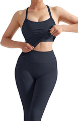 Women 2 Piece Workout Sets Compression Tummy Control Leggings with Pockets Halter Built in Bra Tank Tops