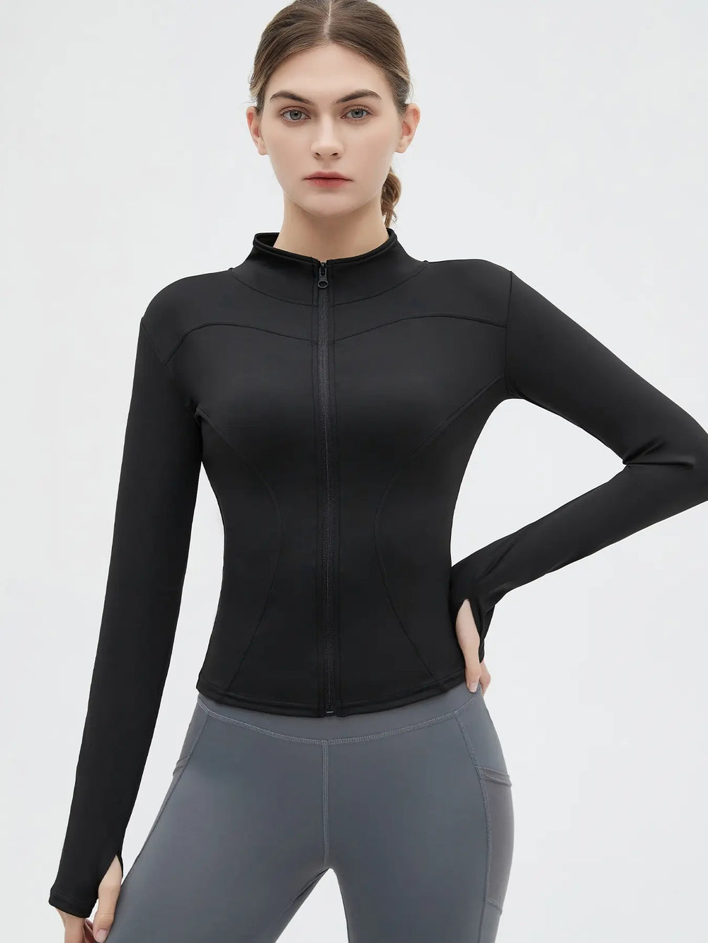 Women'S Thumb Holes Zip up Sports Jacket, Sporty Plain Long Sleeve Tops, Women'S Sportswear for Tennis Pickleball Indoor Outdoor Wear, Sports Outerwear, Zip Front Jacket