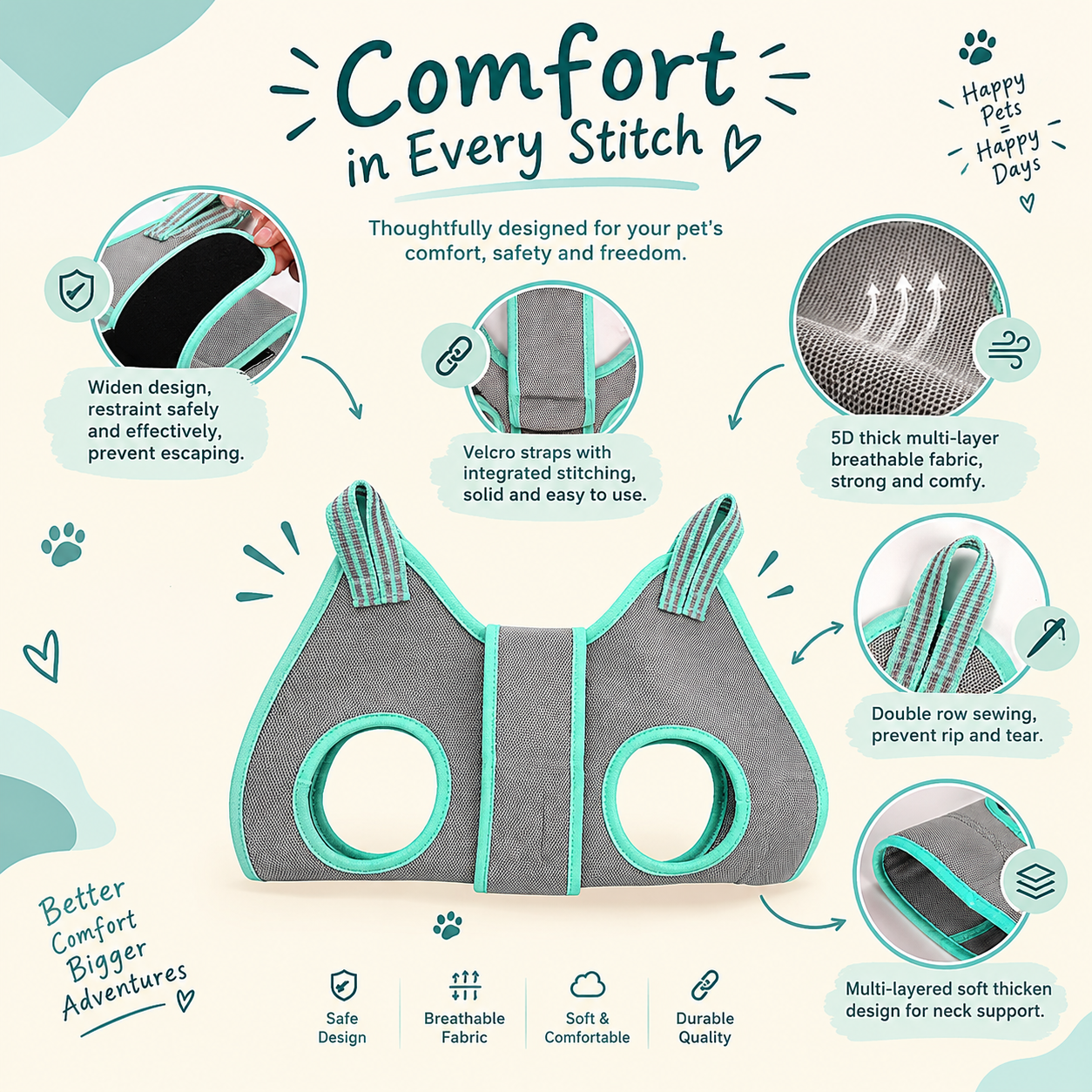 Dog Grooming Hammock Harness with Thick Neck Support