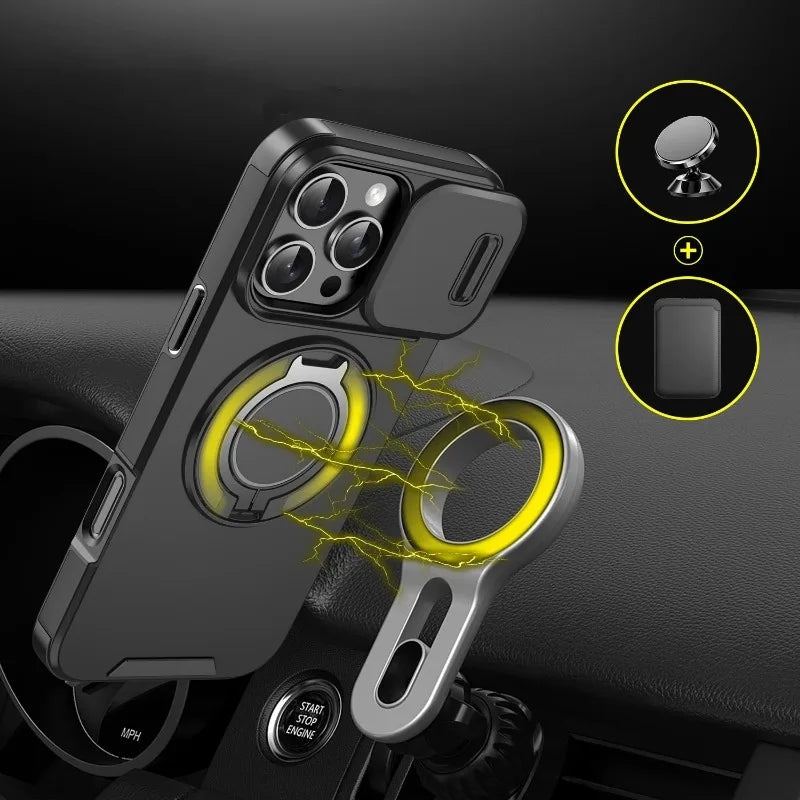 Premium Heavy-Duty Rugged Armor Magnetic Bracket Case for iPhone 17, 16, 15, 14 Pro Max with Slide Camera Protection and PC Cover