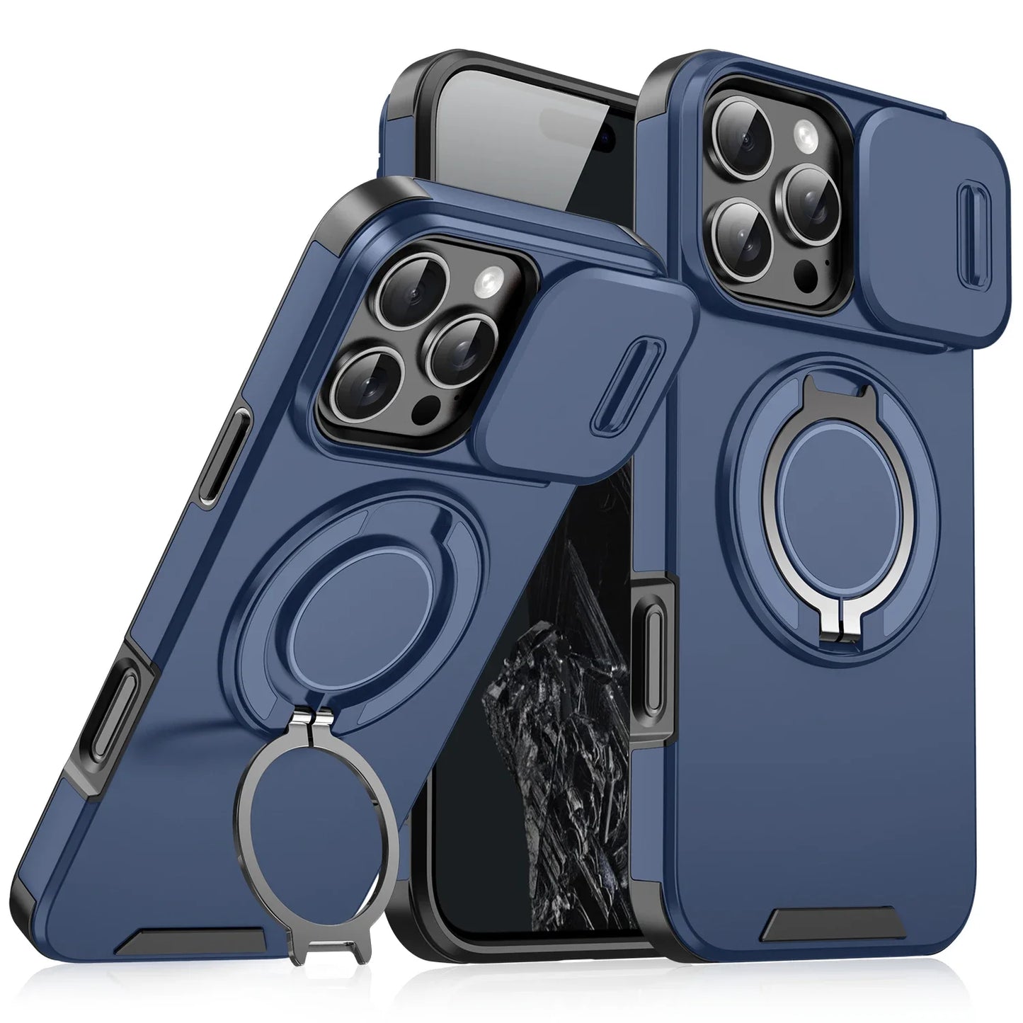 Premium Heavy-Duty Rugged Armor Magnetic Bracket Case for iPhone 17, 16, 15, 14 Pro Max with Slide Camera Protection and PC Cover