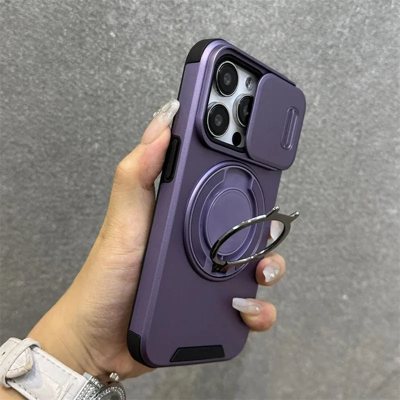Premium Heavy-Duty Rugged Armor Magnetic Bracket Case for iPhone 17, 16, 15, 14 Pro Max with Slide Camera Protection and PC Cover