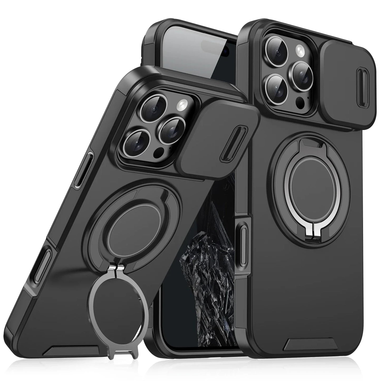 Premium Heavy-Duty Rugged Armor Magnetic Bracket Case for iPhone 17, 16, 15, 14 Pro Max with Slide Camera Protection and PC Cover
