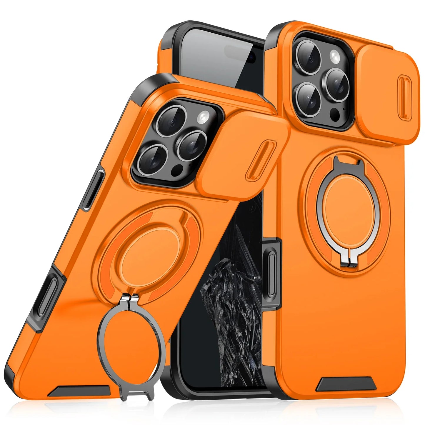 Premium Heavy-Duty Rugged Armor Magnetic Bracket Case for iPhone 17, 16, 15, 14 Pro Max with Slide Camera Protection and PC Cover