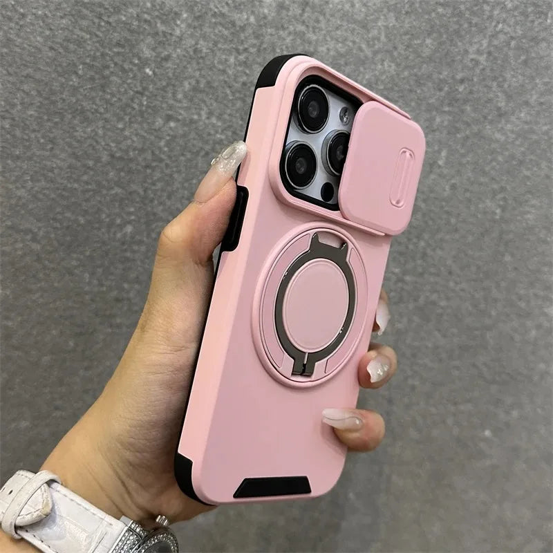 Premium Heavy-Duty Rugged Armor Magnetic Bracket Case for iPhone 17, 16, 15, 14 Pro Max with Slide Camera Protection and PC Cover