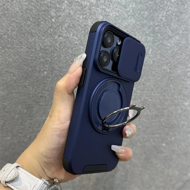 Premium Heavy-Duty Rugged Armor Magnetic Bracket Case for iPhone 17, 16, 15, 14 Pro Max with Slide Camera Protection and PC Cover