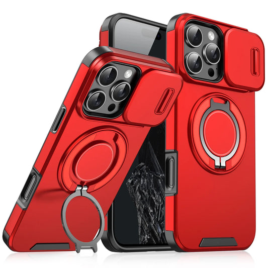 Premium Heavy-Duty Rugged Armor Magnetic Bracket Case for iPhone 17, 16, 15, 14 Pro Max with Slide Camera Protection and PC Cover