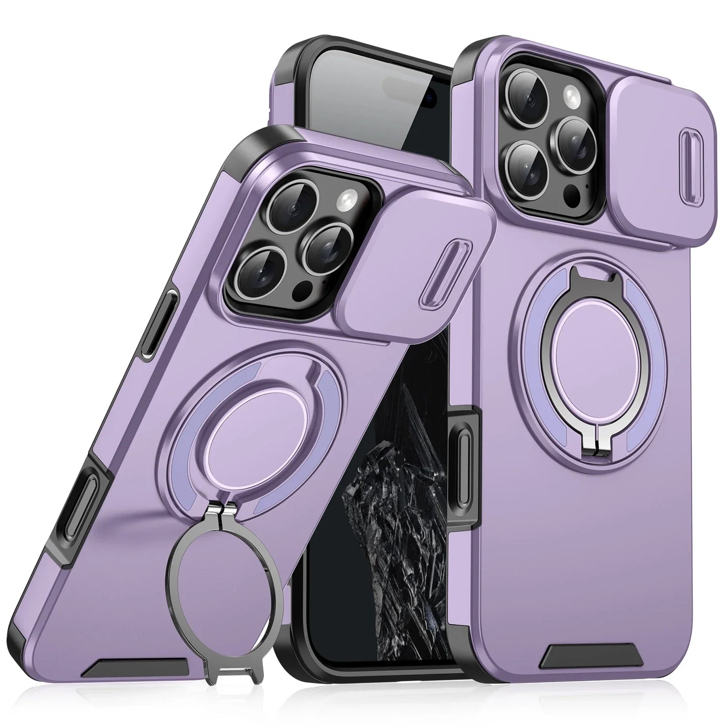 Premium Heavy-Duty Rugged Armor Magnetic Bracket Case for iPhone 17, 16, 15, 14 Pro Max with Slide Camera Protection and PC Cover