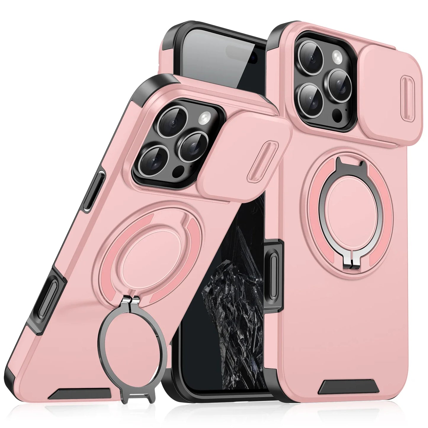 Premium Heavy-Duty Rugged Armor Magnetic Bracket Case for iPhone 17, 16, 15, 14 Pro Max with Slide Camera Protection and PC Cover