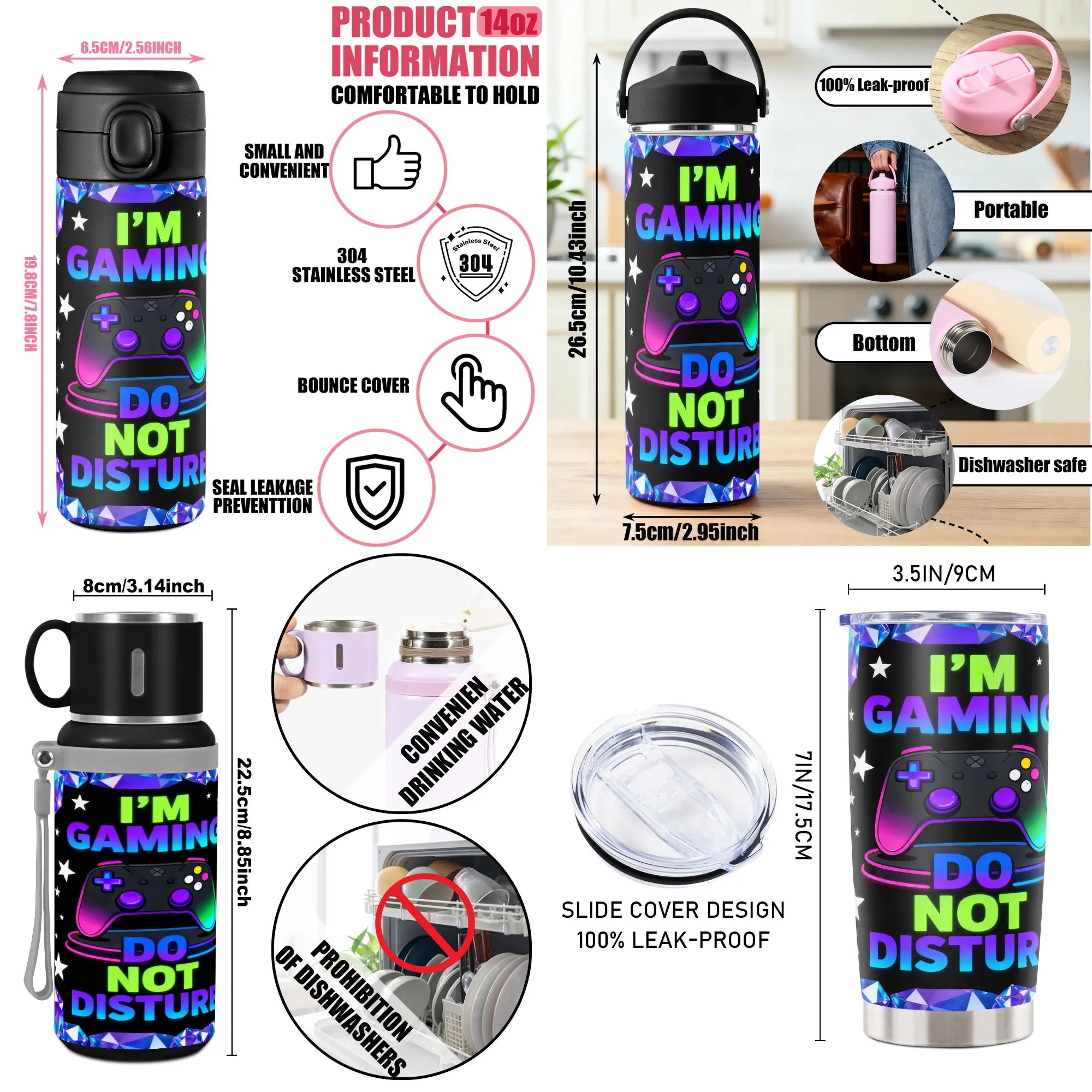 1Pc 40Oz/30Oz/22Oz/20Oz/14Ozcup Stainless Steel Tumbler with I'M Gaming Do Not Disturb Design, Leakproof Large Capacity, Needed for Gym, Hiking, Travel Ideal Birthday Christmas Gift Perfect Gift, Insulated Water Bottle