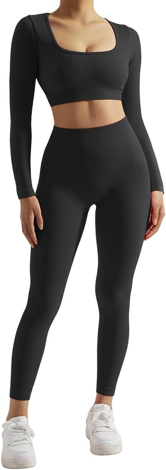 2 Piece Workout Sets for Women Long Sleeve Gym Sets Woman Butt Lifting Leggings Open Back Crop Tops