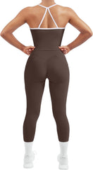 Women 2 Piece Workout Sets Compression Tummy Control Leggings with Pockets Halter Built in Bra Tank Tops