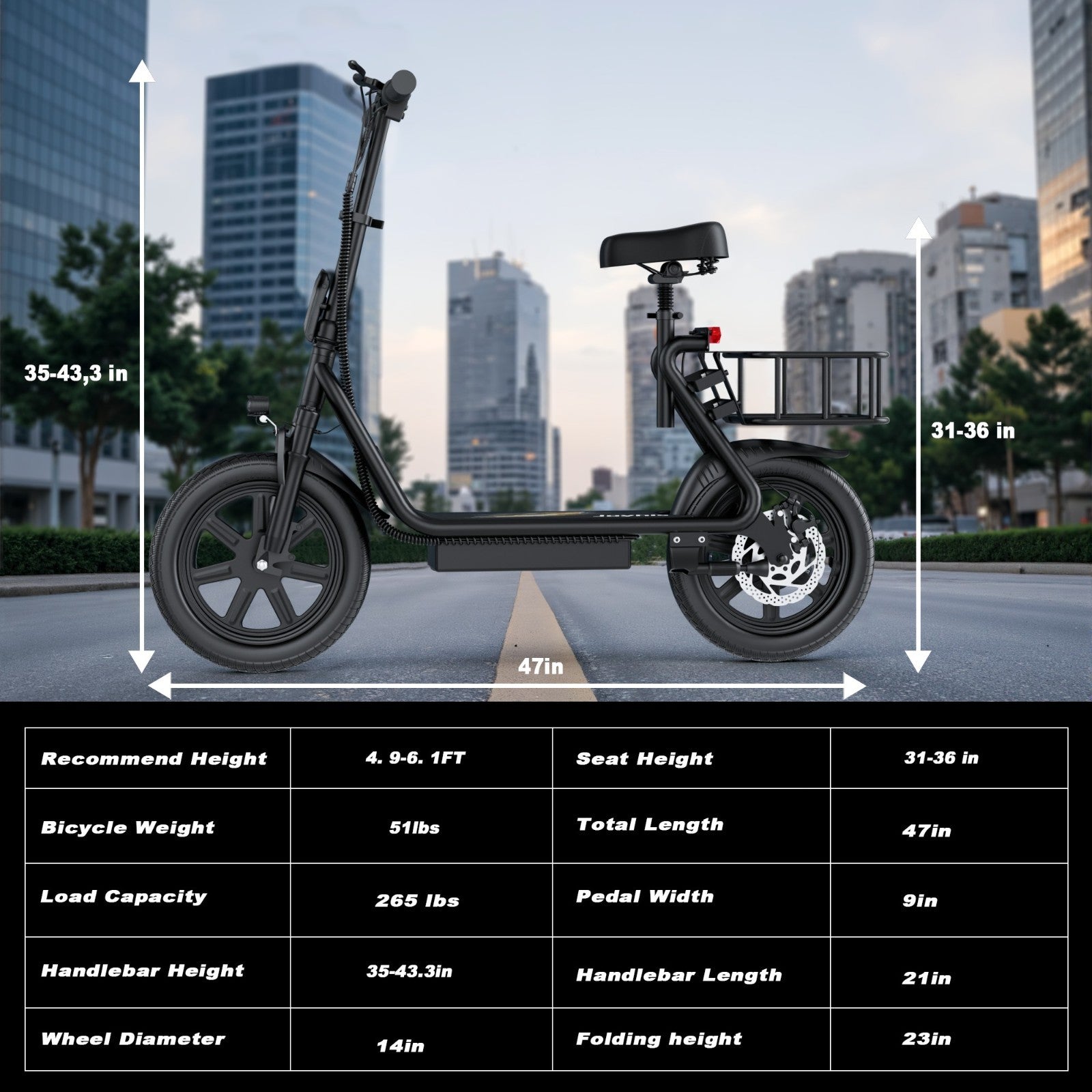 48V 10.4AH/22.5AH Electric Scooter Adults Foldable Escooter Seat & Carry Basket