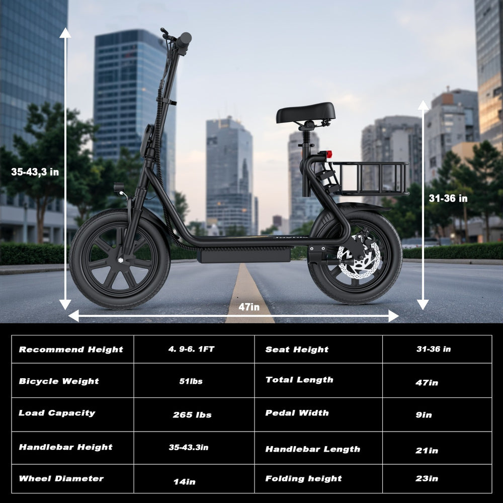 48V 10.4AH/22.5AH Electric Scooter Adults Foldable Escooter Seat & Carry Basket