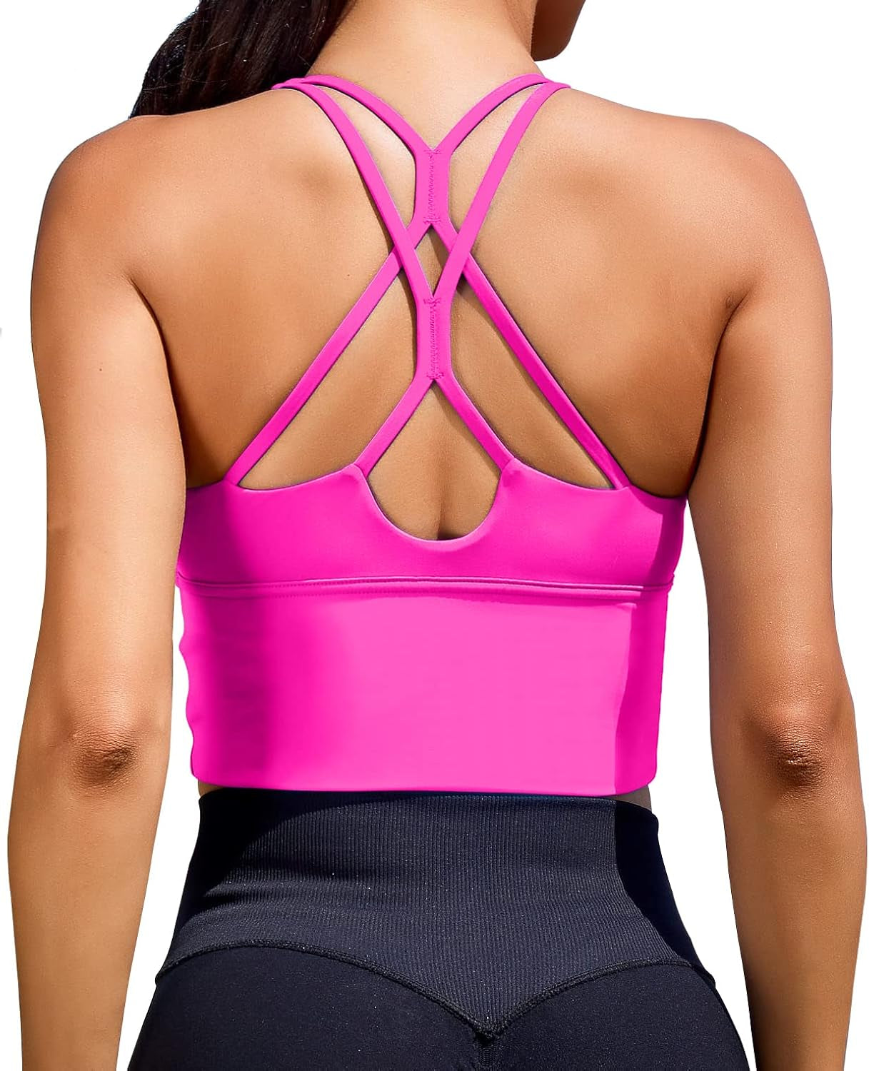 Sports Bras for Women High Support Longline Workout Tank Tops Built in Bra Padded Strappy Yoga Crop Top Cross Gym