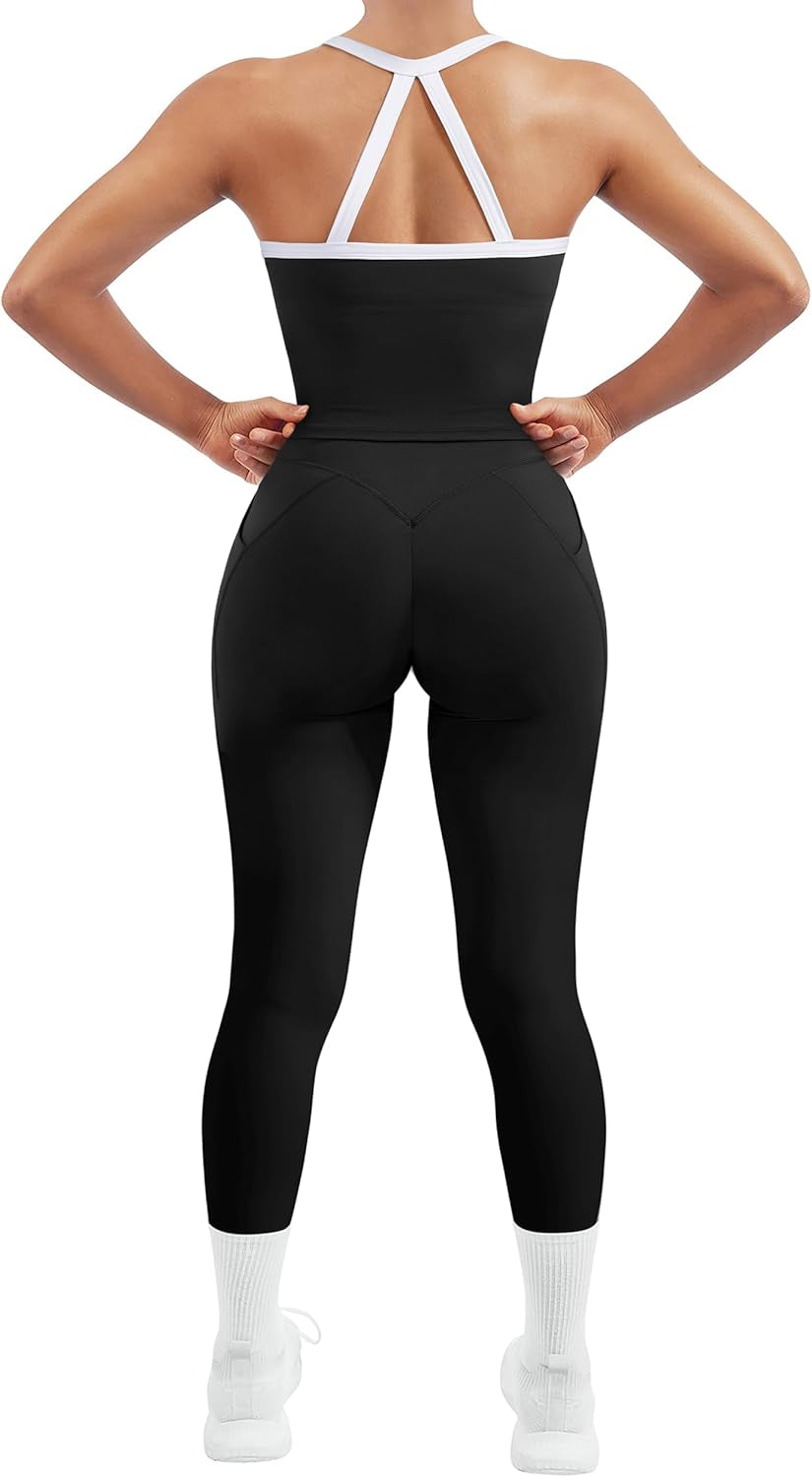Women 2 Piece Workout Sets Compression Tummy Control Leggings with Pockets Halter Built in Bra Tank Tops