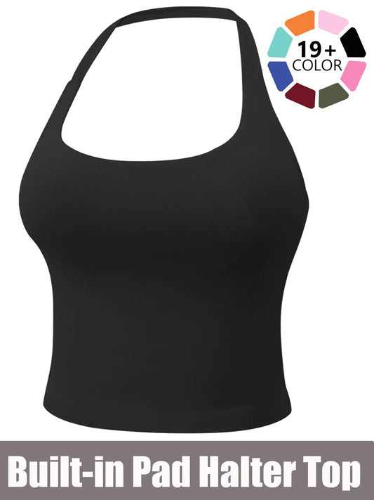 Women'S Solid Removable Chest Pad Sports Tank Top, Casual Comfort and Durability Halter Neck Sports Top for Yoga Gym Workout, Ladies Sportswear for All Seasons
