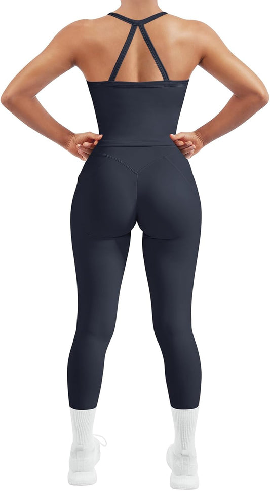 Women 2 Piece Workout Sets Compression Tummy Control Leggings with Pockets Halter Built in Bra Tank Tops