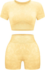 Womens Workout Sets 2 Piece - Seamless Acid Wash Yoga Outfits Shorts and Crop Top Matching Gym Athletic Clothing Set