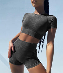 Womens Workout Sets 2 Piece - Seamless Acid Wash Yoga Outfits Shorts and Crop Top Matching Gym Athletic Clothing Set