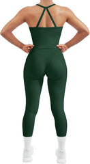 Women 2 Piece Workout Sets Compression Tummy Control Leggings with Pockets Halter Built in Bra Tank Tops
