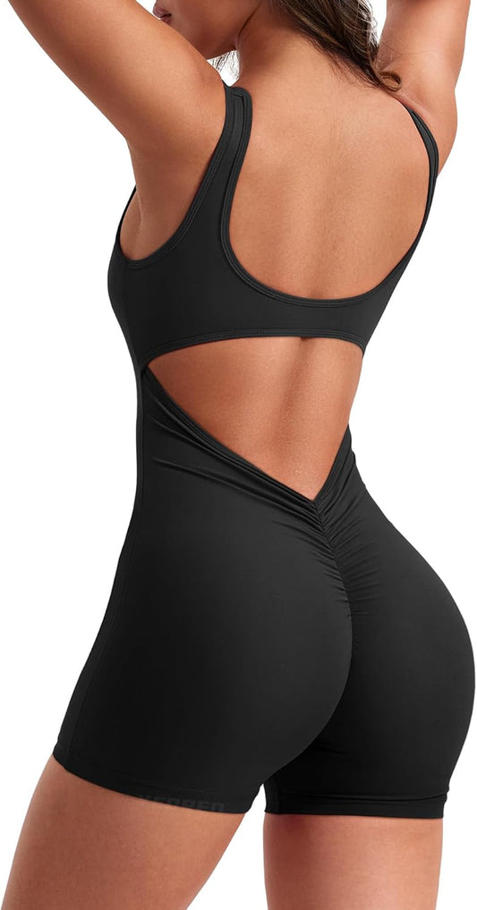 One Piece Workout Jumpsuits for Women Backless Tummy Control Sleeveless Jumpsuits Lizvette V Back Scrunch Yoga Romper