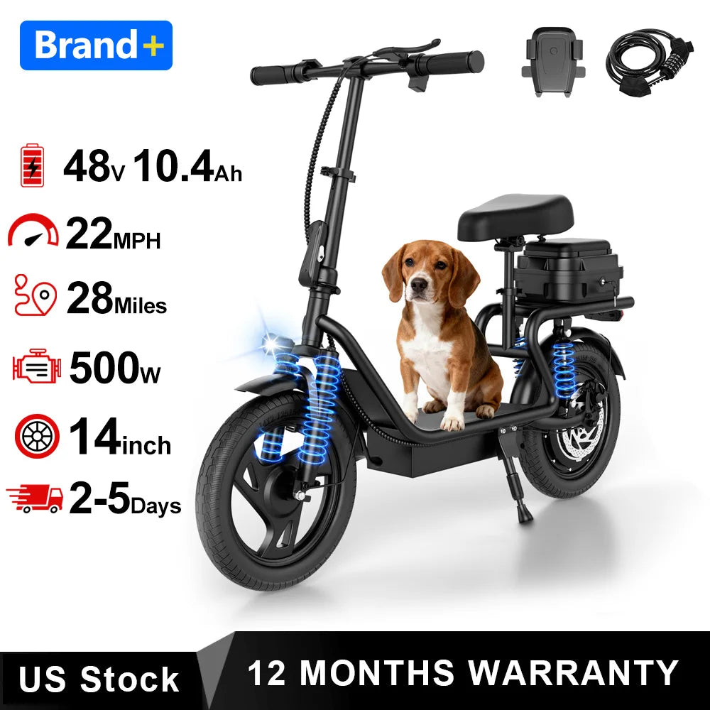 2026 New 500W 14Inch Electric Bicycle with Box 10.4AH Battery 28Miles Max Range 22MPH Max Speed Shock Absorption Foldable Adult Ebike