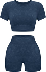 Womens Workout Sets 2 Piece - Seamless Acid Wash Yoga Outfits Shorts and Crop Top Matching Gym Athletic Clothing Set