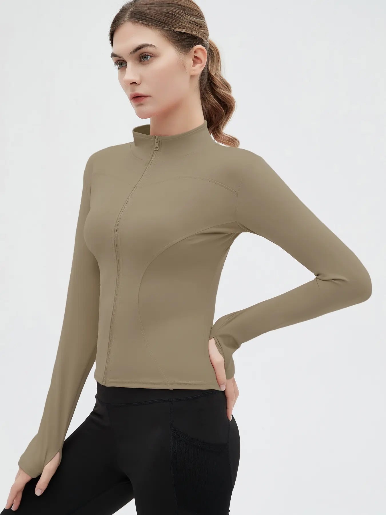 Women'S Thumb Holes Zip up Sports Jacket, Sporty Plain Long Sleeve Tops, Women'S Sportswear for Tennis Pickleball Indoor Outdoor Wear, Sports Outerwear, Zip Front Jacket